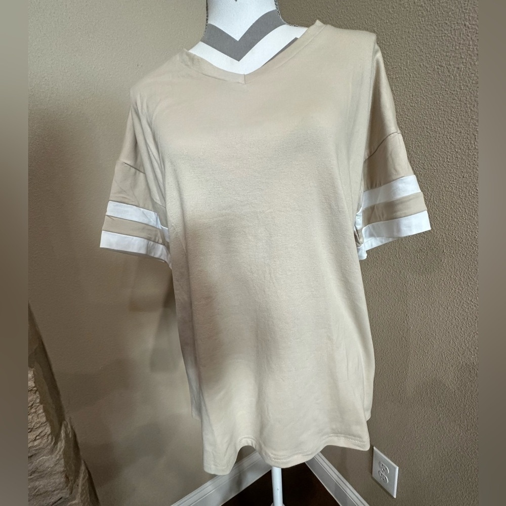 Women’s tan v-neck tee with white stripes on sleeve, NWT!